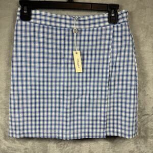 Max Studio London NEW Womens Mini Wrap Skirt S Blue White Gingham Elastic Waist